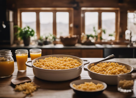 Macaroni and cheese in a pot and pan in the kitchen. Pasta. Macaroni. Vermicelliの素材