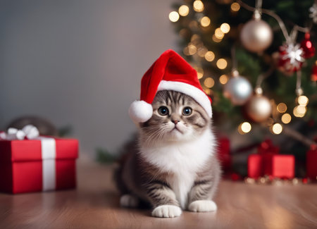 A Scottish fold cat in a Santa Claus hat and a bow on his neck sits under the New Years tree among New Years giftsの素材