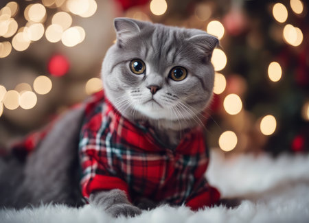 A Scottish fold cat in a Santa Claus hat and a bow on his neck sits under the New Years tree among New Years giftsの素材