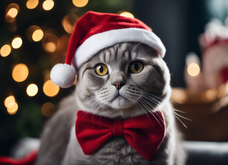 A Scottish fold cat in a Santa Claus hat and a bow on his neck sits under the New Years tree among New Years giftsの素材