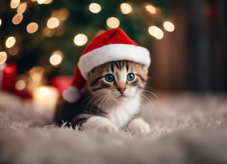A kitten in a Santa Claus hat and a bow on his neck sits under the New Years tree among New Years giftsの素材