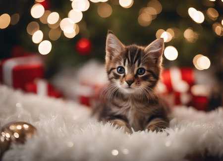 A kitten in a Santa Claus hat and a bow on his neck sits under the New Years tree among New Years giftsの素材