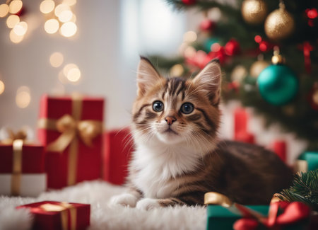 A kitten in a Santa Claus hat and a bow on his neck sits under the New Years tree among New Years giftsの素材