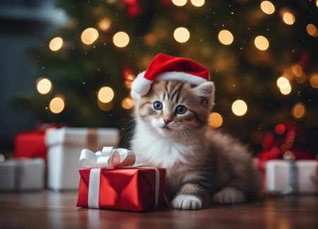 A kitten in a Santa Claus hat and a bow on his neck sits under the New Years tree among New Years giftsの素材
