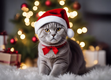 A Scottish fold cat in a Santa Claus hat and a bow on his neck sits under the New Years tree among New Years giftsの素材