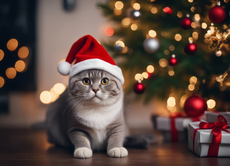 A Scottish fold cat in a Santa Claus hat and a bow on his neck sits under the New Years tree among New Years giftsの素材