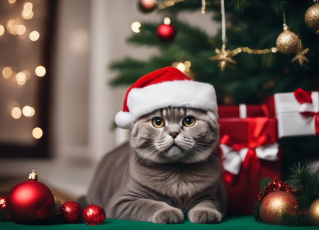A Scottish fold cat in a Santa Claus hat and a bow on his neck sits under the New Years tree among New Years giftsの素材