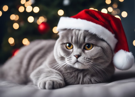 A Scottish fold cat in a Santa Claus hat and a bow on his neck sits under the New Years tree among New Years giftsの素材