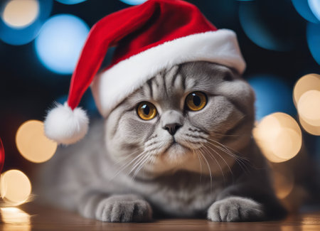A Scottish fold cat in a Santa Claus hat and a bow on his neck sits under the New Years tree among New Years giftsの素材
