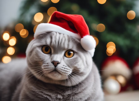 A Scottish fold cat in a Santa Claus hat and a bow on his neck sits under the New Years tree among New Years giftsの素材