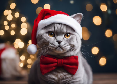 A Scottish fold cat in a Santa Claus hat and a bow on his neck sits under the New Years tree among New Years giftsの素材