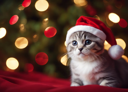 A Scottish fold kitten in a Santa Claus hat and a bow on his neck sits under the New Years tree among New Years giftsの素材