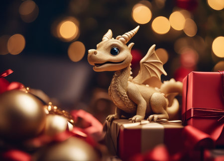 A hyper realistic cute cartoon dragon creature dressed for Christmas.Happy New Year 2024の素材