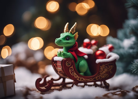 A hyper realistic cute cartoon dragon creature dressed for Christmas.Happy New Year 2024の素材