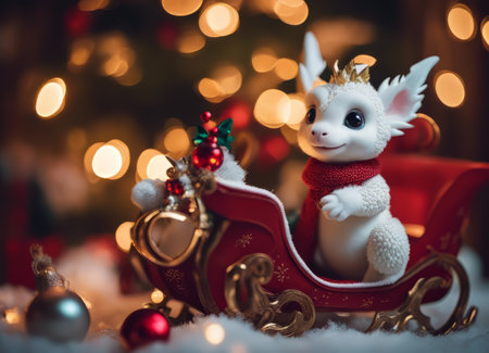 A hyper realistic cute cartoon dragon creature dressed for Christmas.Happy New Year 2024の素材