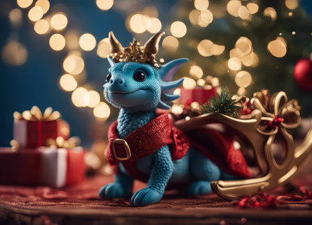 A hyper realistic cute cartoon dragon creature dressed for Christmas.Happy New Year 2024の素材