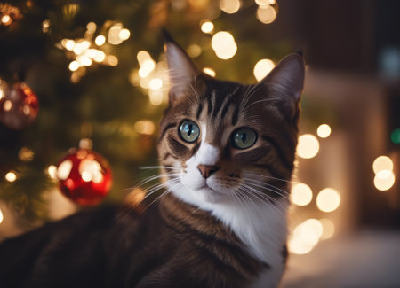 A cat in a Santa Claus hat and a bow on his neck sits under the New Years tree among New Years giftsの素材