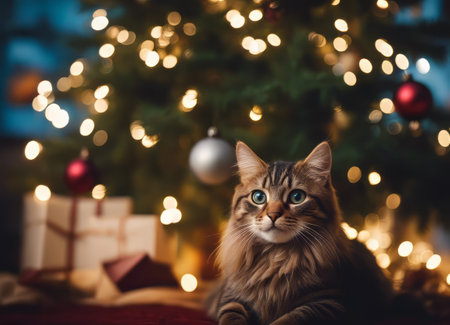 A cat in a Santa Claus hat and a bow on his neck sits under the New Years tree among New Years giftsの素材