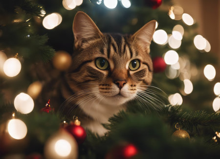 A cat in a Santa Claus hat and a bow on his neck sits under the New Years tree among New Years giftsの素材