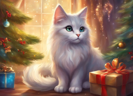 A cat in a Santa Claus hat and a bow on his neck sits under the New Years tree among New Years giftsの素材