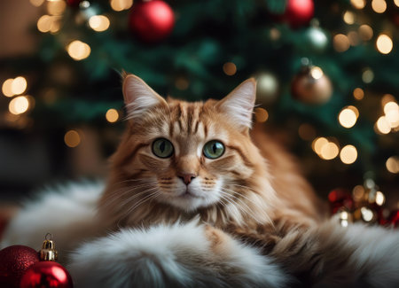 A cat in a Santa Claus hat and a bow on his neck sits under the New Years tree among New Years giftsの素材