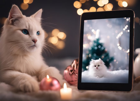 Winter holiday. Cat digital e-reader tablet as gift. Elegant minimalistic beautiful home environmentの素材