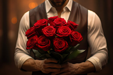 A man holds a bouquet of red roses in his hands. Valentines Day. Birthday. Holiday. Presentの素材