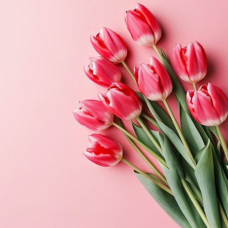 Bouquet of red tulips on the left on a pink background. March 8, Womens Day, Mothers Dayの素材