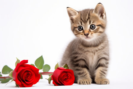Kitten with red rose on pink background. Valentines Dayの素材