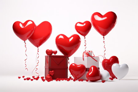Red heart-shaped balloons, red stripes on a white background. Valentines Dayの素材