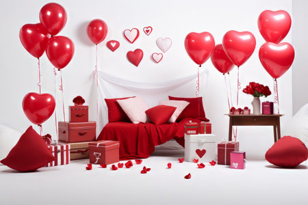 Red heart-shaped balloons, red stripes on a white background. Valentines Dayの素材