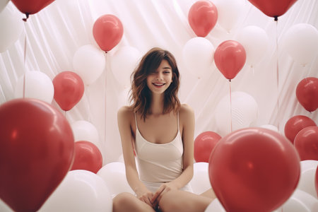 A woman lies on a bed in the middle of red heart-shaped balloons . Valentines Dayの素材