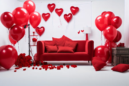 Red heart-shaped balloons, red stripes on a white background. Valentines Dayの素材