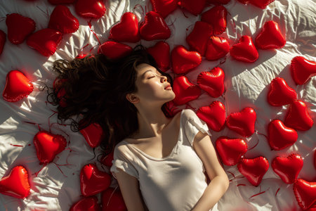 A woman lies on a bed in the middle of red heart-shaped balloons . Valentines Dayの素材