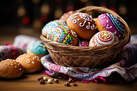 Easter eggs lie in a basket on the table. Nearby are flowers and a willow branchの素材
