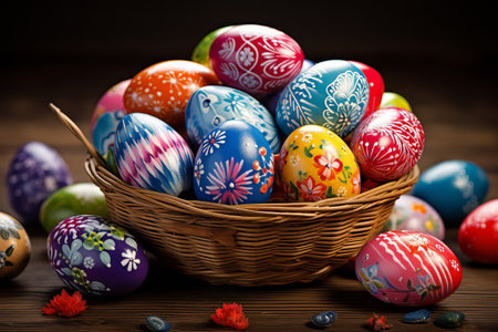 Easter eggs lie in a basket on the table. Nearby are flowers and a willow branchの素材