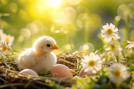 Spring chickens are hatching eggs in the nest,outside world is in a beautiful spring. Happy Easterの素材