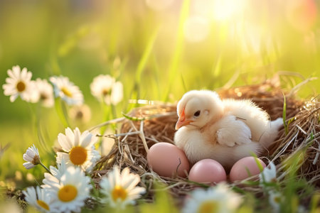Spring chickens are hatching eggs in the nest,outside world is in a beautiful spring. Happy Easterの素材