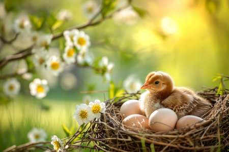 Spring chickens are hatching eggs in the nest,outside world is in a beautiful spring. Happy Easterの素材