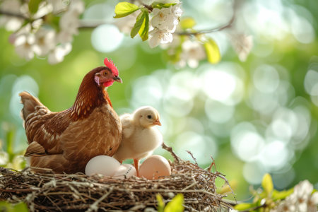 Spring chickens are hatching eggs in the nest,outside world is in a beautiful spring. Happy Easterの素材