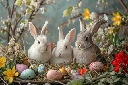 Easter bunnies, colorful eggs, and joyful springtime festivities. Happy Easterの素材