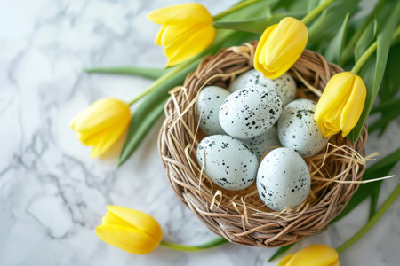 Easter eggs in basket on colored table with yellow Tulips. background top view. Happy Easterの素材