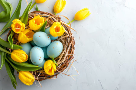 Easter eggs in basket on colored table with yellow Tulips. background top view. Happy Easterの素材