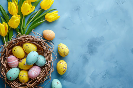 Easter eggs in basket on colored table with yellow Tulips. background top view. Happy Easterの素材