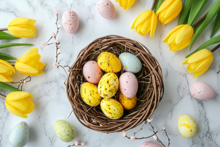Easter eggs in basket on colored table with yellow Tulips. background top view. Happy Easterの素材