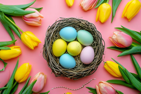 Easter eggs in basket on colored table with yellow Tulips. background top view. Happy Easterの素材