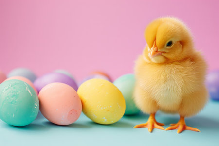 Spring chickens are hatching eggs in the nest,outside world is in a beautiful spring. Happy Easterの素材