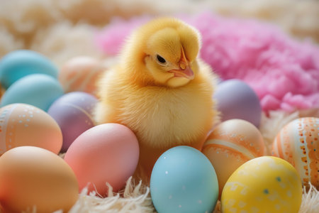 Spring chickens are hatching eggs in the nest,outside world is in a beautiful spring. Happy Easterの素材