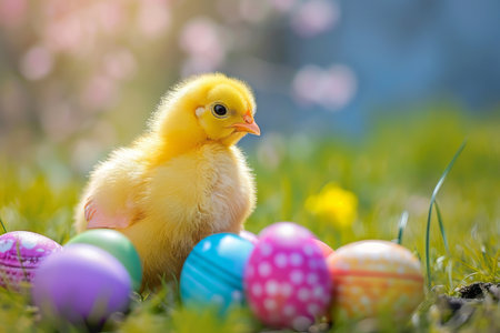 Spring chickens are hatching eggs in the nest,outside world is in a beautiful spring. Happy Easterの素材