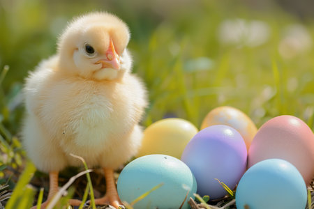 Spring chickens are hatching eggs in the nest,outside world is in a beautiful spring. Happy Easterの素材